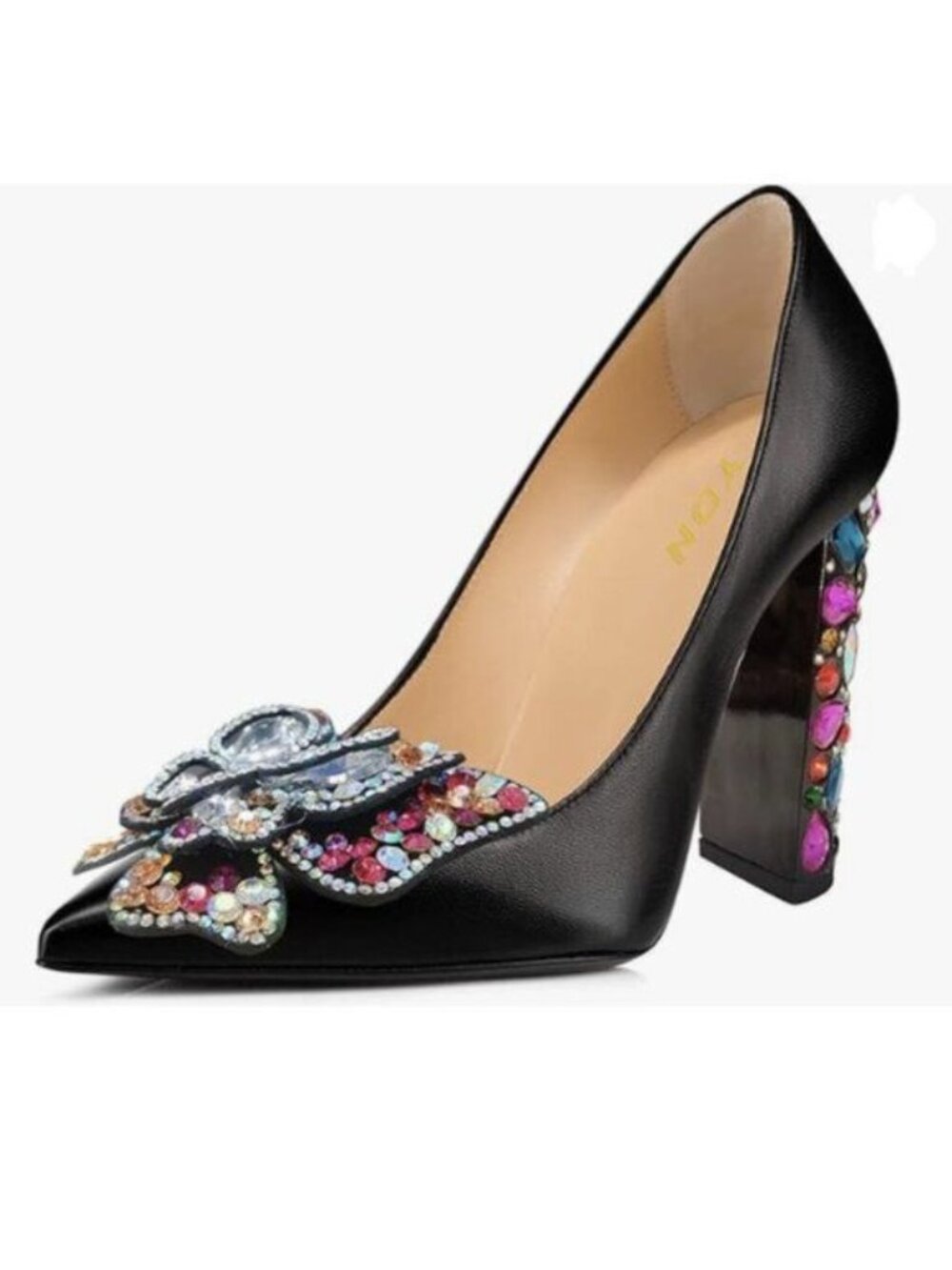 YDN Women Bow Pump Butterfly Slip on Rhinestone Chunky High Heels Fashion Black